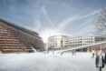 trapezoid-shaped building with sloping green roof covered in snow in the winter
