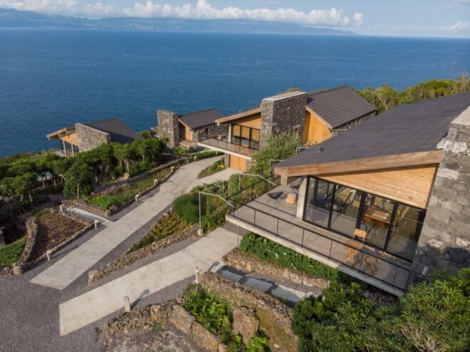 stone and wood buildings overlooking the sea