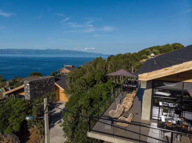 stone buildings with spacious wood decks
