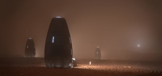 cylindrical pods on desolate landscape