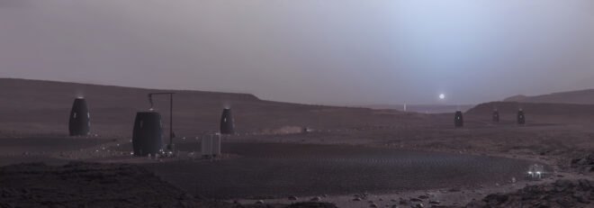 cylindrical brown pod homes on a desolate landscape