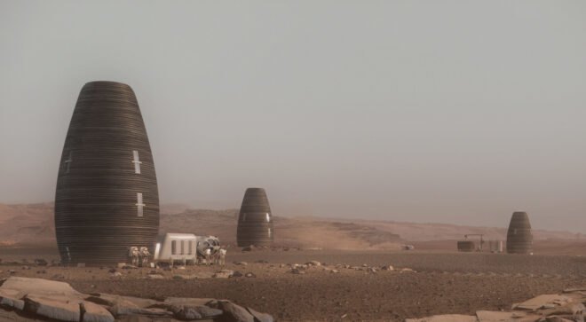 series of vertical round pod-like structures on desolate landscape