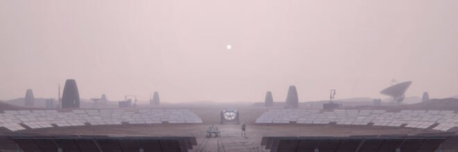solar farm in dusty landscape
