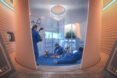 rendering of people building machines in a pod