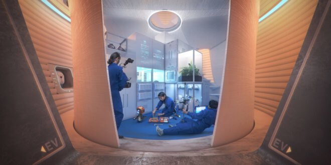 rendering of people building machines in a pod