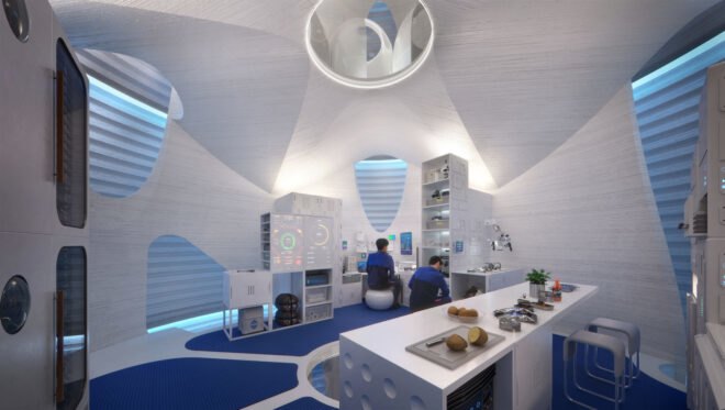people working in a small white kitchen