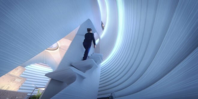 person climbing up futuristic staircase
