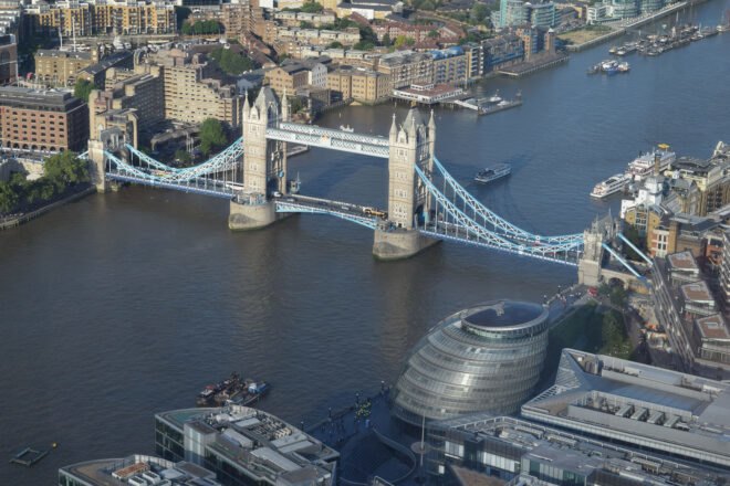 aerial view of the Thames River near the London bridge