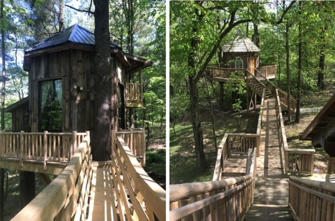 a small treehouse with wood bridges in Ohio is surrounded by greenery and trees