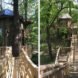 a small treehouse with wood bridges in Ohio is surrounded by greenery and trees