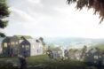 rendering of gabled buildings with green roofs overlooking valley