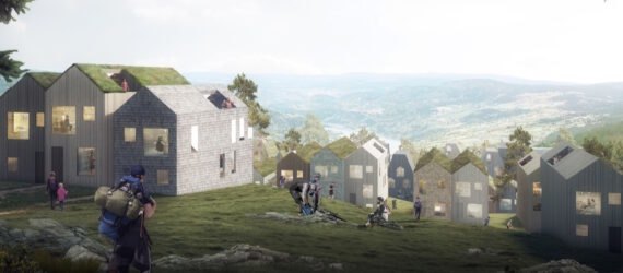 rendering of gabled buildings with green roofs overlooking valley