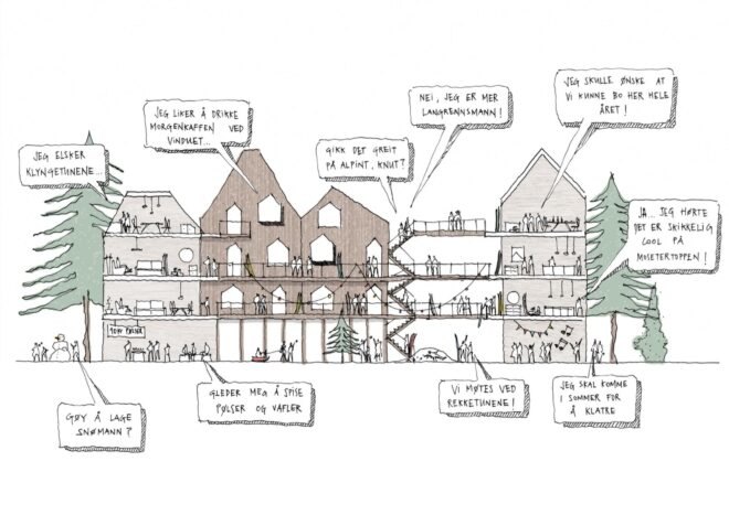 sketch of people talking in a large wood building with gabled roofs