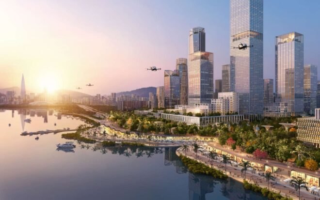 rendering of skyscrapers in a city at sunset