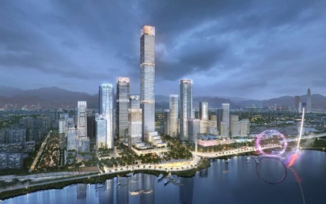 rendering of waterfront skyscrapers lit up at night