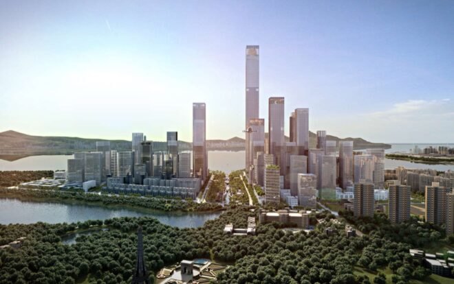 rendering of skyscrapers between a body of water and a forest