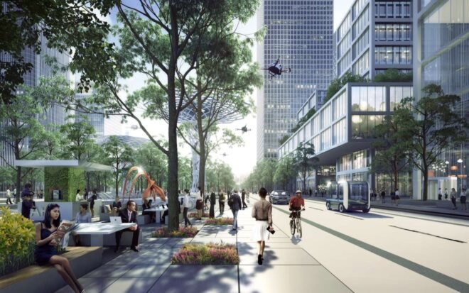rendering of people walking between skyscrapers