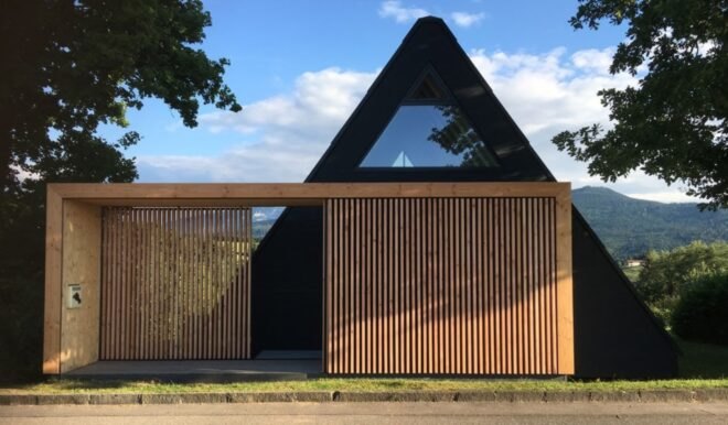 wooden slats in front of an A-frame building