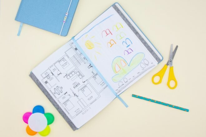 aerial view of notebook with reused paper
