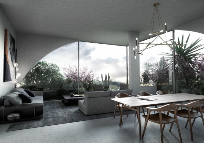 open-plan space with huge windows showing views of plants and the city