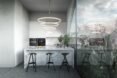 kitchen with white island and bar stools