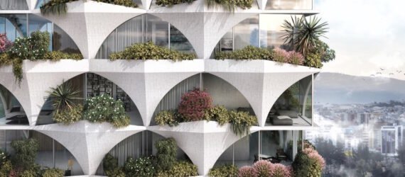 rendering of white tower with plant-filled balconies