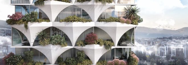 rendering of white tower with plant-filled balconies