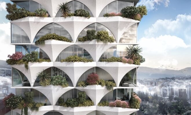 rendering of white tower with plant-filled balconies
