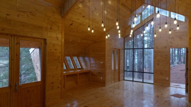 wood-lined interior with hanging edison bulb lights