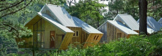 geometric wood cabins