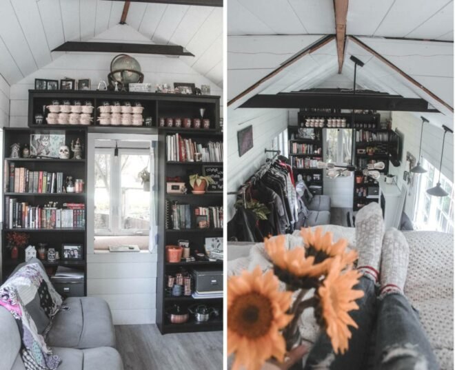 tiny home with wall of bookshelves