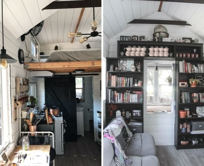 interior space of tiny home with sleeping loft