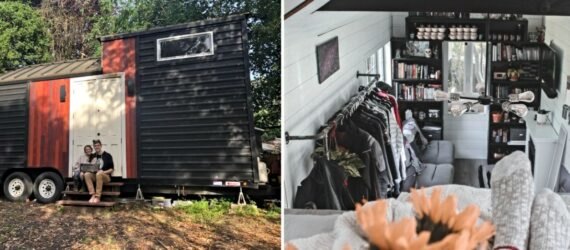 On the left, couple standing outside a tiny home. On the right, white and black tiny home interior.