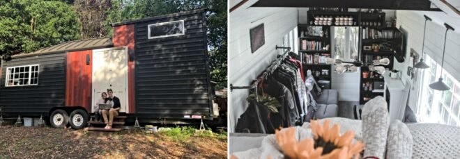 On the left, couple standing outside a tiny home. On the right, white and black tiny home interior.