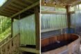 wooden-framed structure with corrugate metal panels and bathtub inside