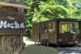 Wooden tiny home with large windows