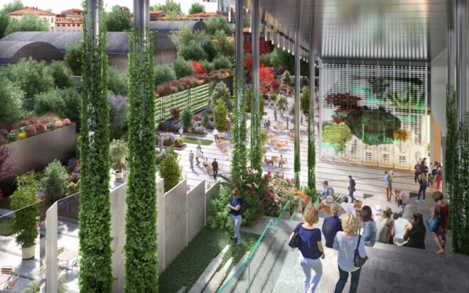 rendering of people tending to plants