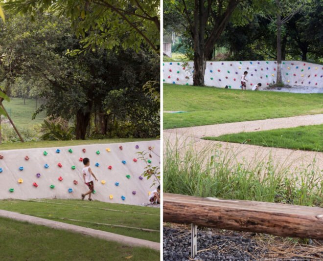 children playing on a climbing wall