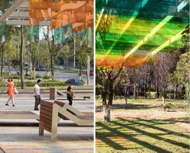 a park area with colorful shading canopy
