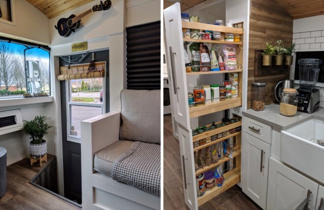 On the left, guitar mounted to wall above entry door. On the right, slide-out pantry.