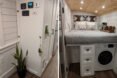 On the left, plant in a corner. On the right, bed raised on platform above a washer/dryer combination machine.