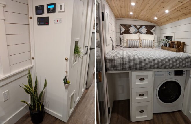 On the left, plant in a corner. On the right, bed raised on platform above a washer/dryer combination machine.