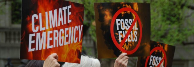 protestors holding "Climate Emergency" signs
