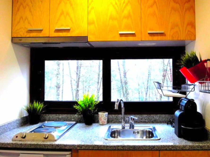 kitchen with windows overlooking a forest