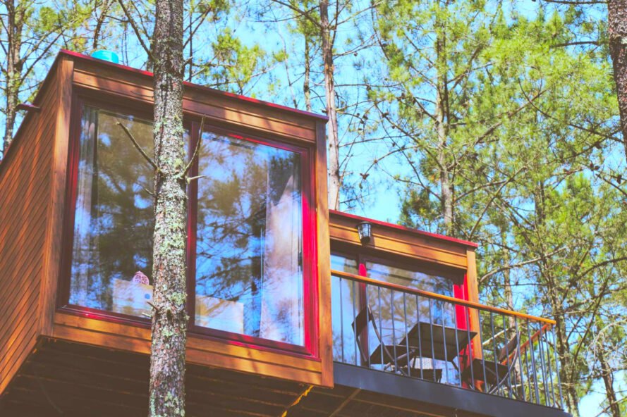 two shipping containers with large front windows