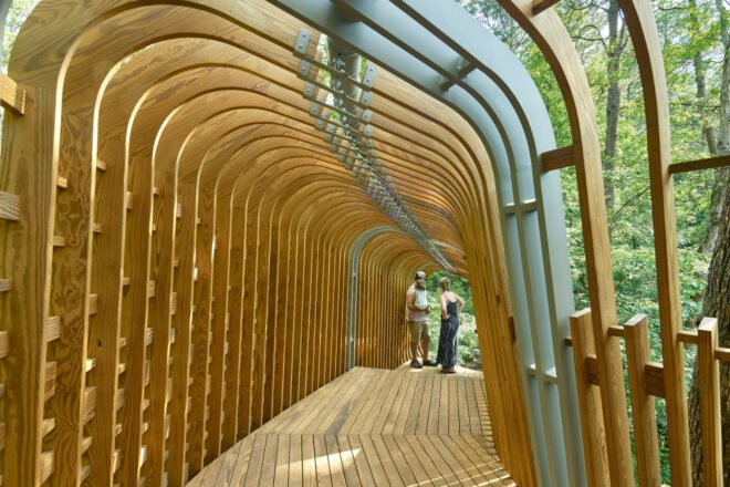 interior of elevated pin treehouse resembling a skeleton
