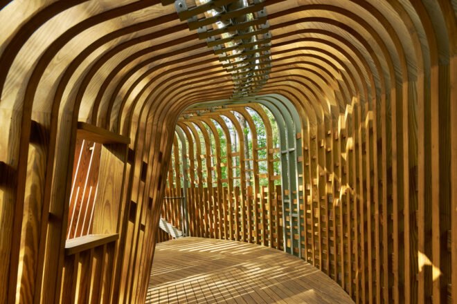 interior of elevated pin treehouse resembling a skeleton
