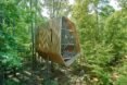 elevated pine treehouse in forest surrounded by greenery and tall trees