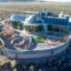 aerial view of earthship lodging made from recycled and natural materials