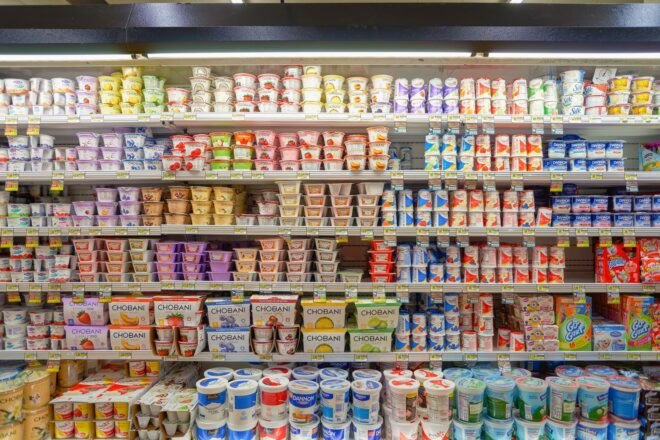 yogurt shelves at grocery store